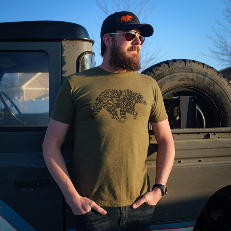 Load image into Gallery viewer, Lifestyle Overland Green Topo Bear T-Shirt
