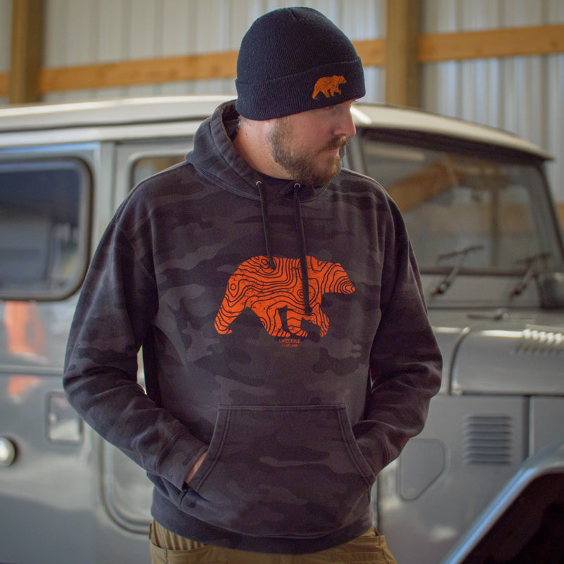 Load image into Gallery viewer, Lifestyle Overland Camo Topo Bear Hoodie
